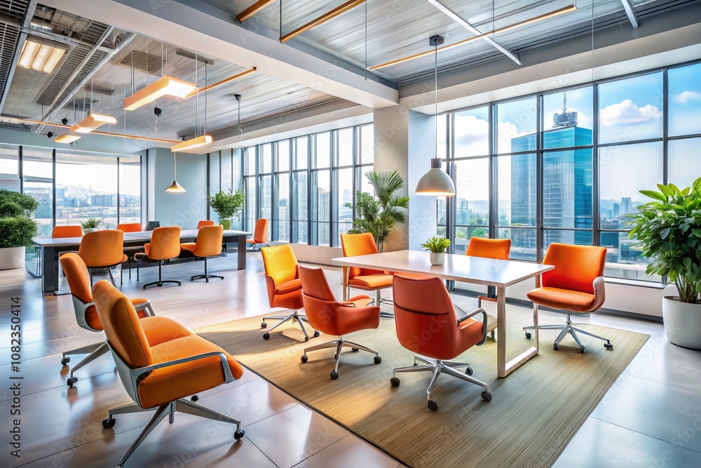 Modern Office Interior Featuring Bright Natural Light, Orange Chairs, and Expansive Windows for a Stylish Work Environment Modern Office Interior Featuring Bright Natural Light, Orange Chairs, and Expansive Windows for a Stylish Work Environment