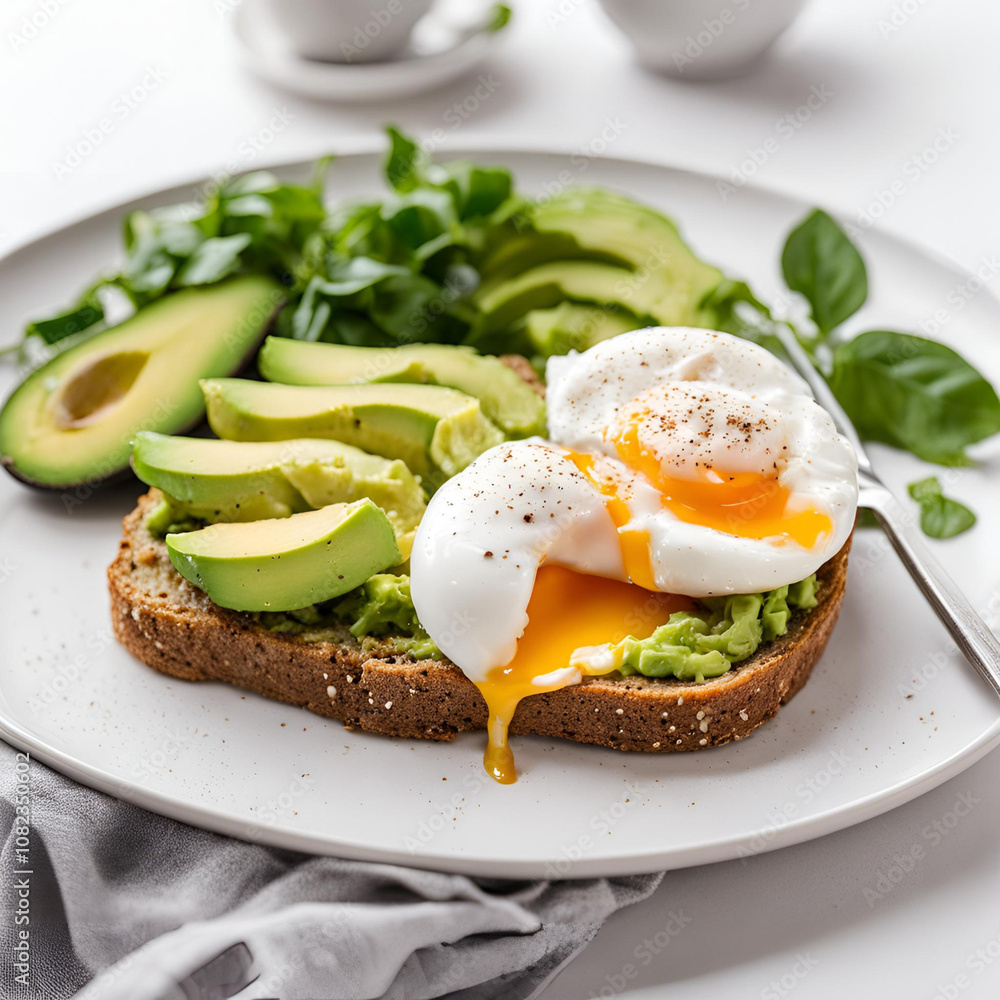Healthy breakfast whole wheat toasted bread with avocado and poached egg over white background Healthy breakfast whole wheat toasted bread with avocado and poached egg over white background
