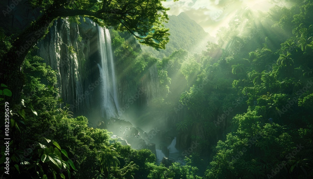Lush Green Jungle with Waterfall and Sunbeams Lush Green Jungle with Waterfall and Sunbeams