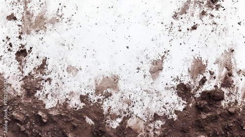 Intricate texture of damp soil stains on a pristine white canvas, isolated from surroundings, allowing for seamless integration into other designs.