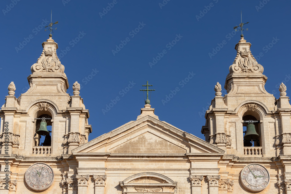 Mdina, Malta, The facade and towers of the St. Paul's Cathedral. Mdina, Malta, The facade and towers of the St. Paul's Cathedral.