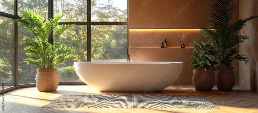 Fototapeta premium A modern bathroom with a freestanding bathtub, large windows, and potted plants.