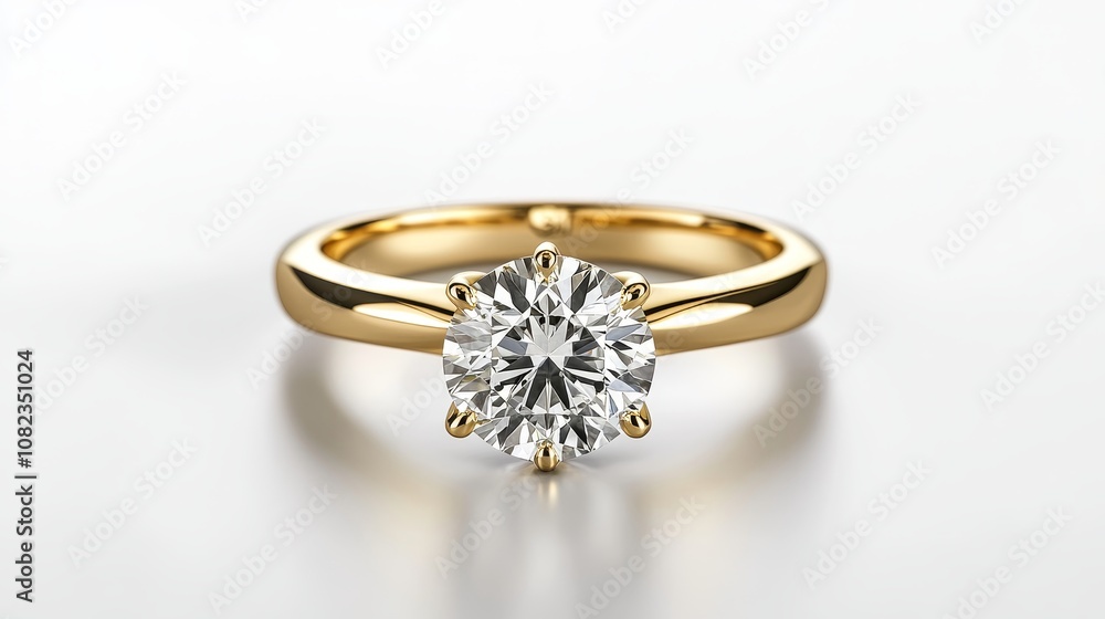 Luxurious diamond ring with a classic and modern design, featuring a golden band and a sparkling diamond, showcased on a plain white backdrop. Luxurious diamond ring with a classic and modern design, featuring a golden band and a sparkling diamond, showcased on a plain white backdrop.