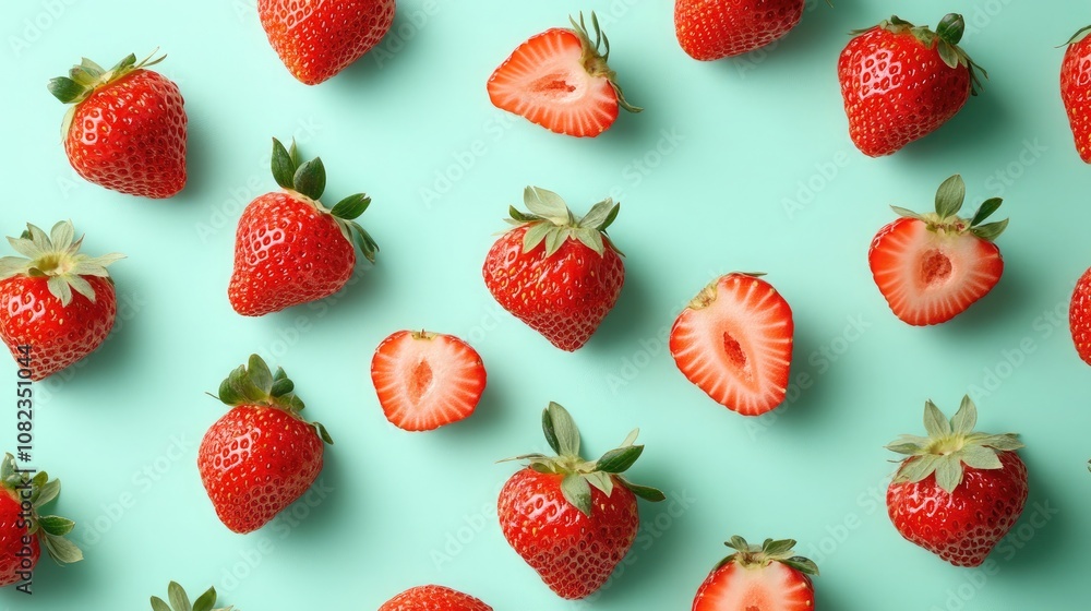Juicy Fresh Strawberries with Halved Pieces Arranged on a Light Teal Background, Offering a Bright and Healthy Visual Perfect for Food Photography, Summer Vibes, and Healthy Eating Themes. Juicy Fresh Strawberries with Halved Pieces Arranged on a Light Teal Background, Offering a Bright and Healthy Visual Perfect for Food Photography, Summer Vibes, and Healthy Eating Themes.