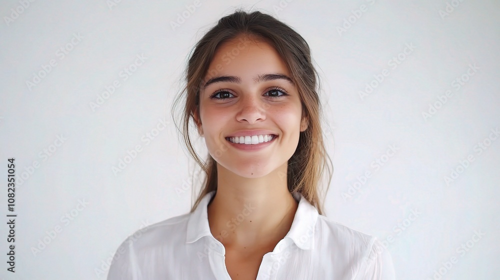 Friendly Young Businesswoman in Casual Outfit Smiling Brightly Against a Neutral Background, Ideal for Professional and Lifestyle Themes Friendly Young Businesswoman in Casual Outfit Smiling Brightly Against a Neutral Background, Ideal for Professional and Lifestyle Themes