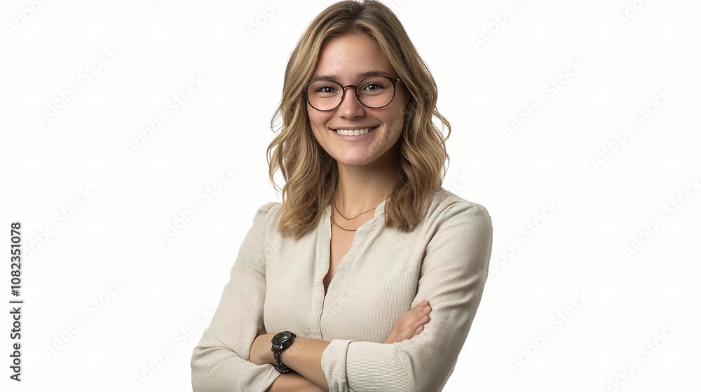 Friendly and Young Businesswoman in Casual Outfit Smiling Confidently with Arms Crossed, Showcasing Professionalism and Approachability in a Bright Environment Friendly and Young Businesswoman in Casual Outfit Smiling Confidently with Arms Crossed, Showcasing Professionalism and Approachability in a Bright Environment