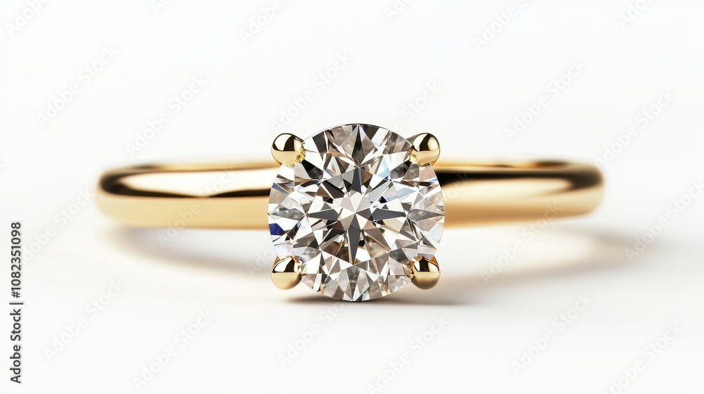 Luxurious diamond ring with a classic and modern design, featuring a golden band and a sparkling diamond, showcased on a plain white backdrop. Luxurious diamond ring with a classic and modern design, featuring a golden band and a sparkling diamond, showcased on a plain white backdrop.