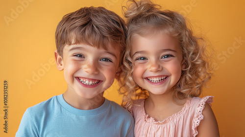 Two joyful children smiling at each other against a bright yellow background, showcasing their happiness during a playful moment together in a summer setting