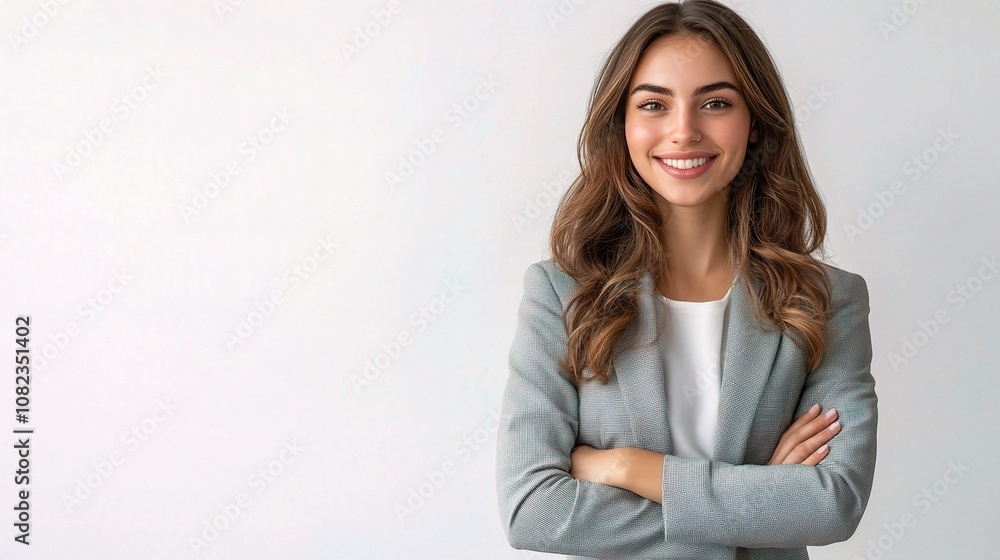 Friendly Young Businesswoman in Casual Outfit Smiling and Standing Against Neutral Background, Radiating Confidence and Approachability for Professional Use Friendly Young Businesswoman in Casual Outfit Smiling and Standing Against Neutral Background, Radiating Confidence and Approachability for Professional Use