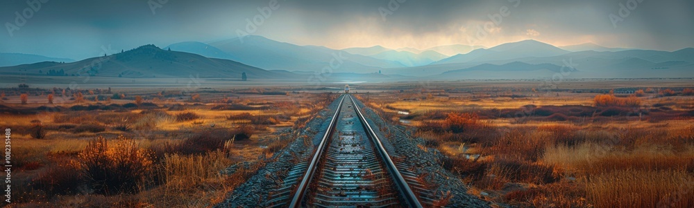 Fototapeta premium Train tracks disappearing into horizon, banner