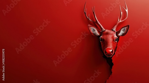 Wallpaper Mural A red wall with a deer head emerging, featuring a festive theme. Torontodigital.ca
