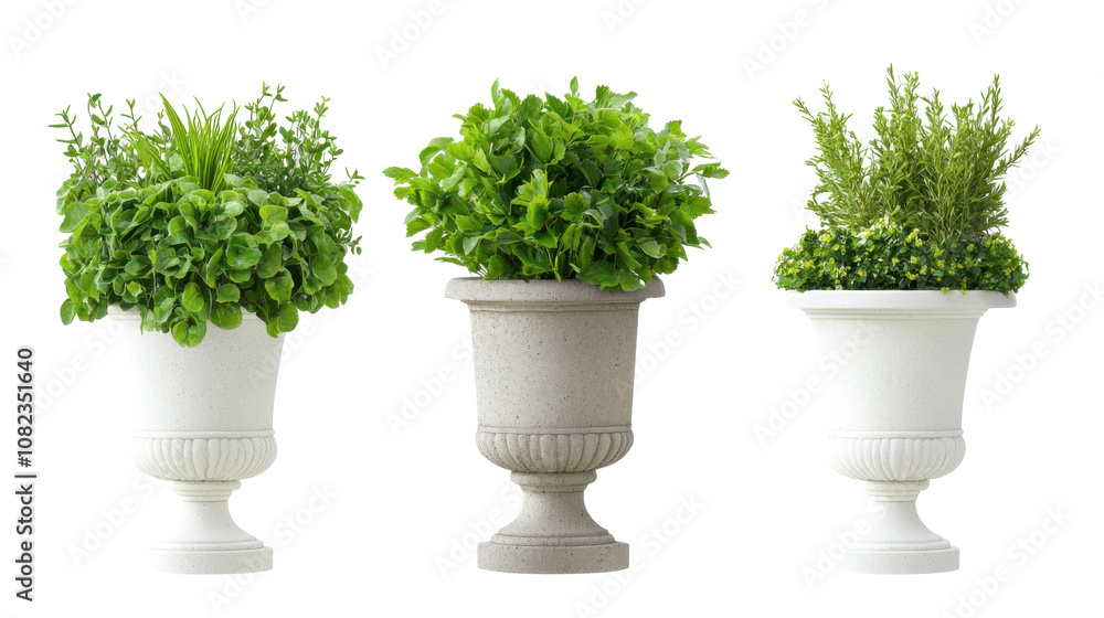 Three distinct white planters filled with lush green herbs display a variety of textures and colors, creating a refreshing urban gardening aesthetic perfect for home decor Three distinct white planters filled with lush green herbs display a variety of textures and colors, creating a refreshing urban gardening aesthetic perfect for home decor