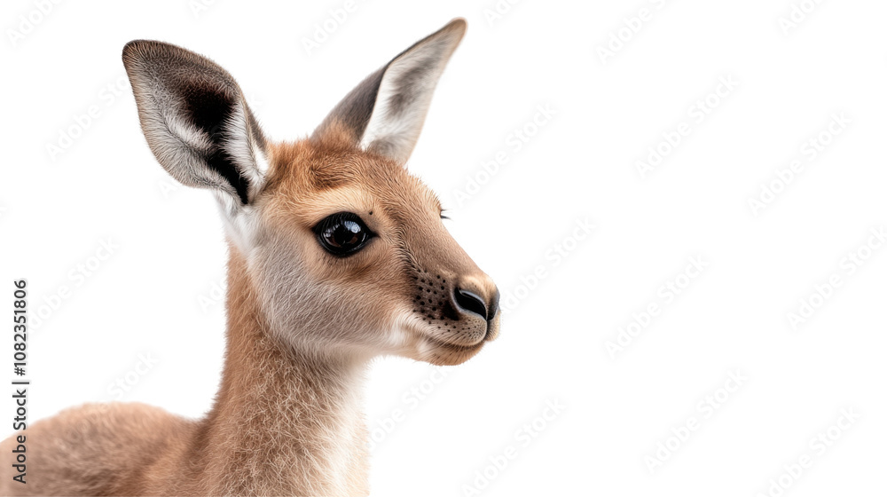 Obraz premium A young fawn stands with an inquisitive look, its large eyes and soft fur beautifully highlighted. The neutral backdrop enhances its gentle demeanor, evoking a sense of calm