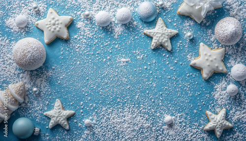 A serene holiday scene featuring white star-shaped cookies, frosted ornaments, and powdered sugar dusting on a light blue background, this snowy arrangement exudes a peaceful winter charm  photo