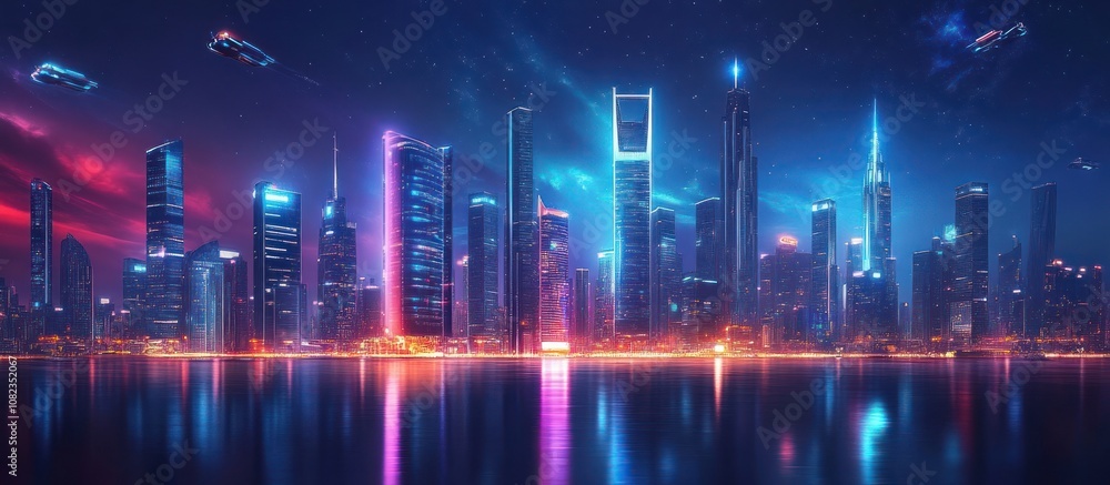 Obraz premium A futuristic city skyline with neon lights reflecting in the water at night.