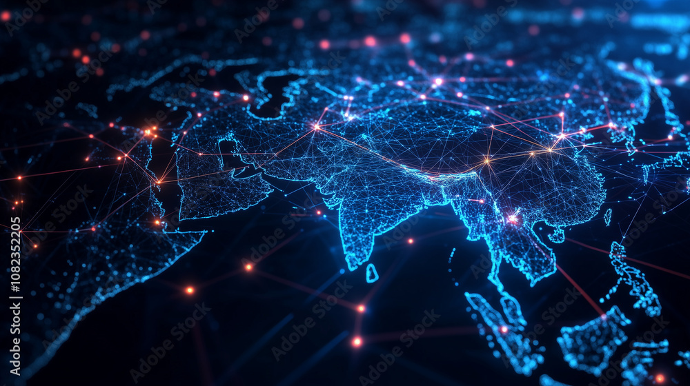 A vibrant digital map of Asia, showing streaming data lines across countries, with glowing dots representing key hubs for telecommunication and global business connectivity. A vibrant digital map of Asia, showing streaming data lines across countries, with glowing dots representing key hubs for telecommunication and global business connectivity.
