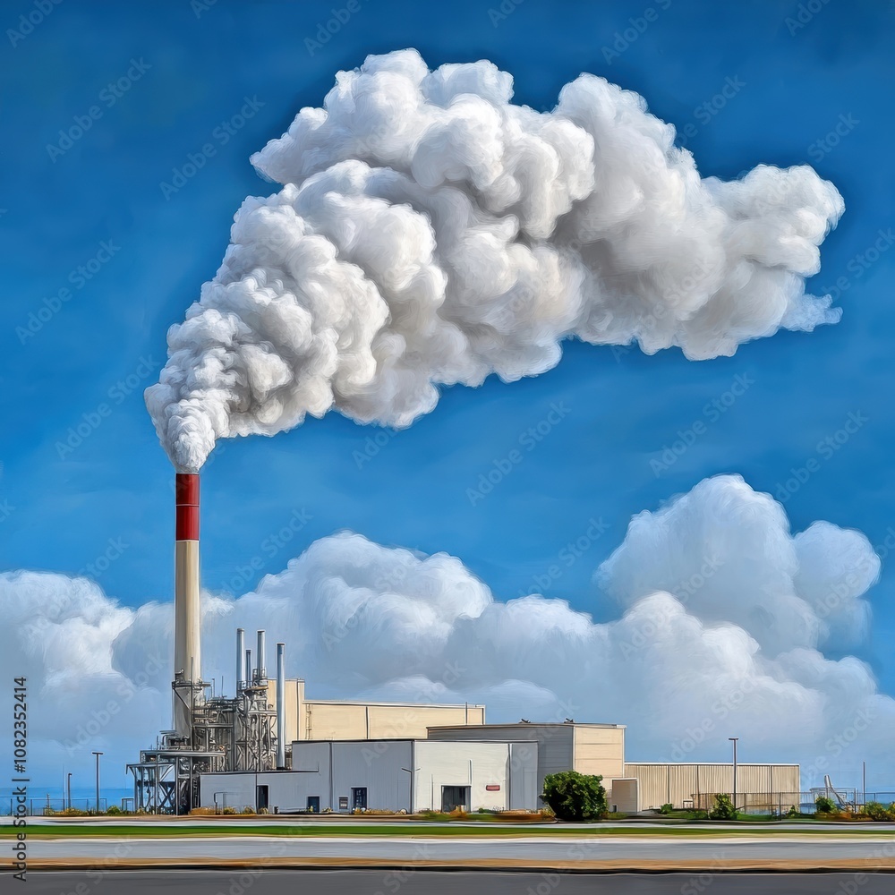 Industrial Plant Emissions Puffy Clouds Blue Sky Factory Smoke