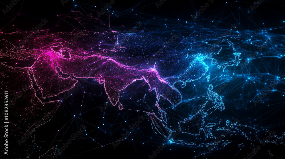 A futuristic digital map of Asia with vibrant, pulsing lines connecting countries, symbolizing data and business exchange, with intricate network patterns illuminating the map. A futuristic digital map of Asia with vibrant, pulsing lines connecting countries, symbolizing data and business exchange, with intricate network patterns illuminating the map.