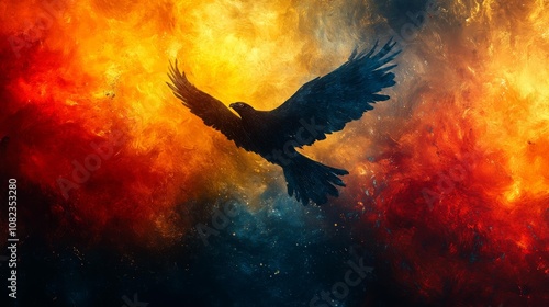 Wallpaper Mural Raven Soaring Amidst Fiery Sky. Generative AI Torontodigital.ca