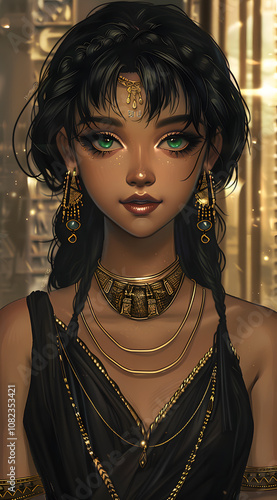 A beautiful illustration of an Egyptian girl. She is ancient Egyptian and has long black hair with bangs and wearing earrings made from beads and gold necklaces around her neck, Generative AI   photo