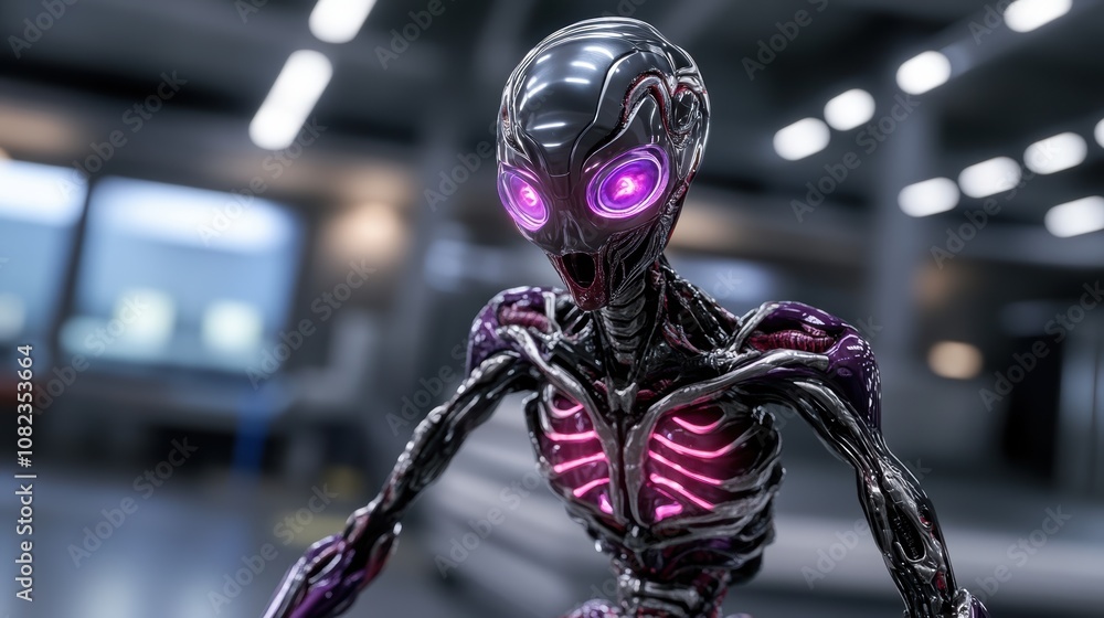 Futuristic Alien Robot Sci Fi Cyborg Glowing Eyes Metallic Body Cyberpunk Artificial Intelligence Futuristic Alien Robot Sci Fi Cyborg Glowing Eyes Metallic Body Cyberpunk Artificial Intelligence