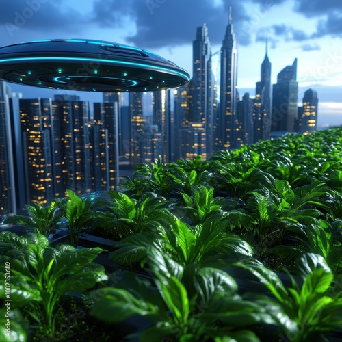 Futuristic City Rooftop Farm with UFO Sci Fi Greenscape photo