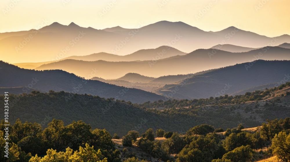 Naklejka premium Rolling Hills and a Golden Sunset Over a Distant Mountain Range
