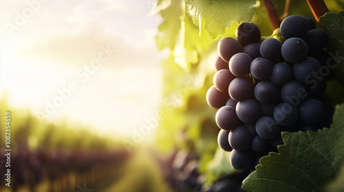 A sunlit cluster of Cabernet Franc grapes on the vine, with vibrant colors and healthy green leaves, set against a gently blurred vineyard backdrop with room for text. photo