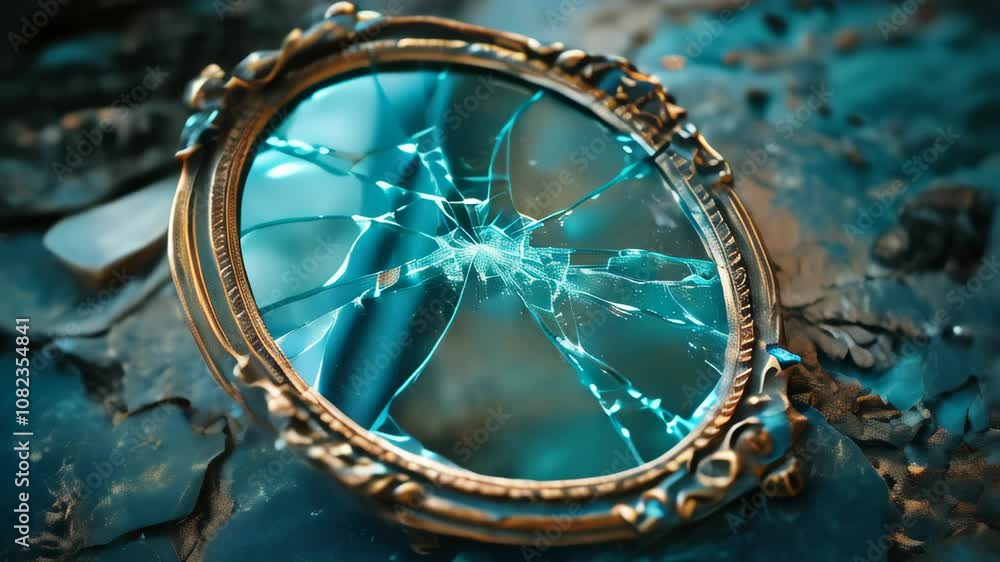 A close-up of a cracked ornate mirror reflecting a vibrant blue hue amid broken glass shards scattered around