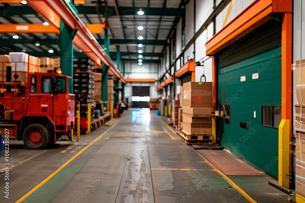 A large warehouse with a red truck parked in the middle of the room A large warehouse with a red truck parked in the middle of the room