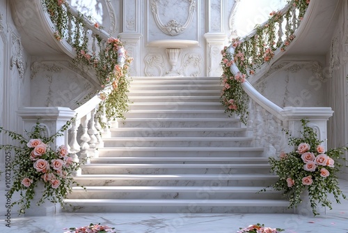 Marble white stairs with flower garlands, fantasy palace or heaven stone stair with floral decorations, fairytale princess castle interior, AI generated image with generative ai