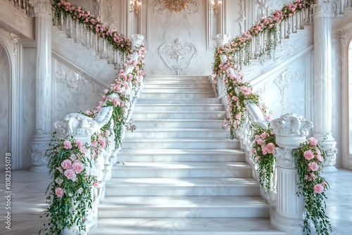 Marble white stairs with flower garlands, fantasy palace or heaven stone stair with floral decorations, fairytale princess castle interior, AI generated image with generative ai