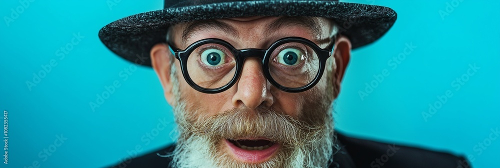 An expressive man with round glasses and a hat displays shock, eyebrows raised, set against a bright background.