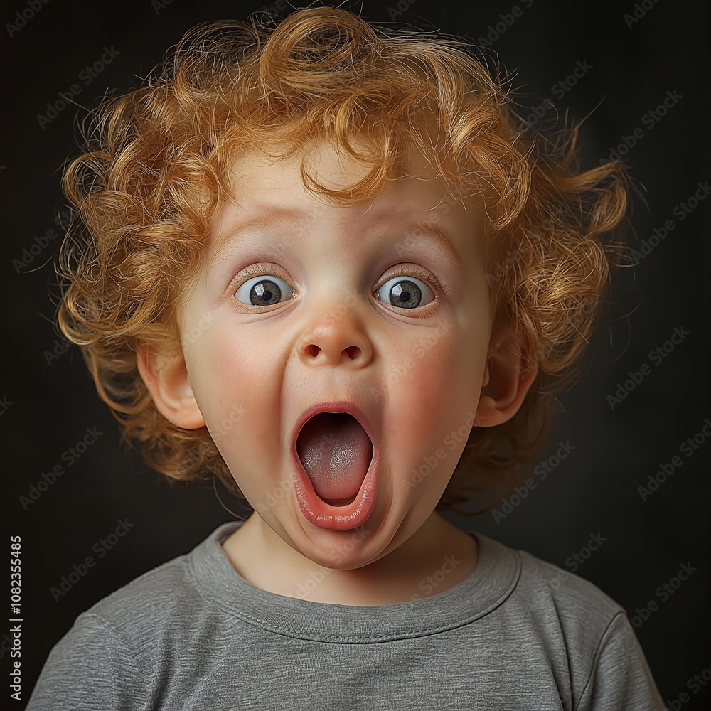 Curly-haired toddler shows astonishment with wide open eyes and mouth, dressed in a simple gray top indoors. Curly-haired toddler shows astonishment with wide open eyes and mouth, dressed in a simple gray top indoors.