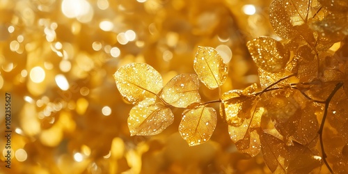 Golden leaves shimmering brightly with glistening dewdrops and radiant light, capturing nature's beauty and elegance. photo