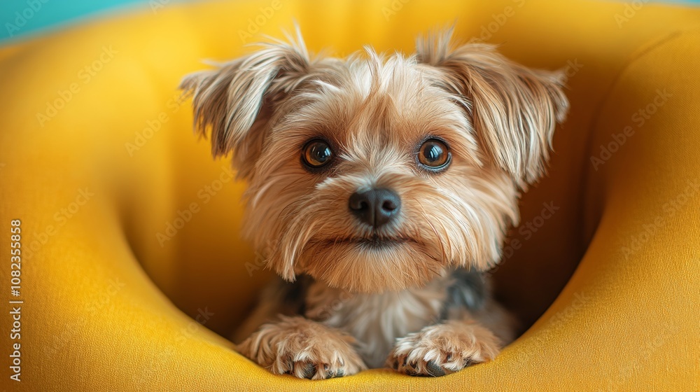 Adorable yorkshire terrier puppy relaxing in a yellow armchair Adorable yorkshire terrier puppy relaxing in a yellow armchair