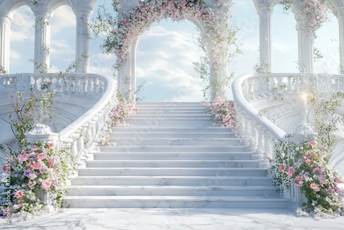 Marble white stairs with flower garlands, fantasy palace or heaven stone stair with floral decorations, fairytale princess castle interior, AI generated image with generative ai
