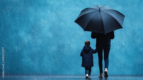 A parent and child walking in the rain under an umbrella close up, focus on, copy space, muted blues and grays, Double exposure silhouette with raindrops
