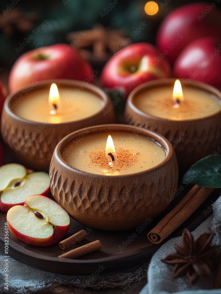 Apple and cinnamon-scented candles with apples and cinnamon sticks for a cozy ambiance, AI generated Apple and cinnamon-scented candles with apples and cinnamon sticks for a cozy ambiance, AI generated