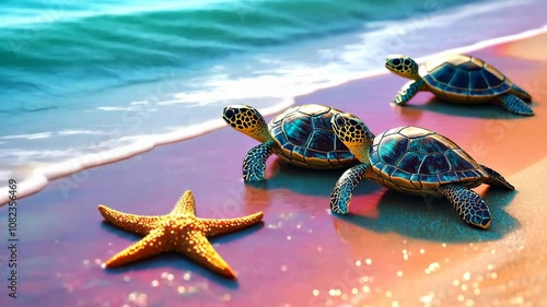 a bunch of turtles journeying across a colorful beach with a friendly starfish photo