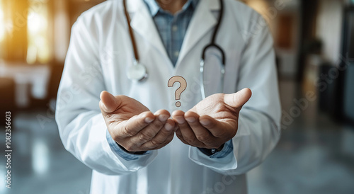 A doctor holds out their hands, with a question mark hovering above, in a hospital setting photo