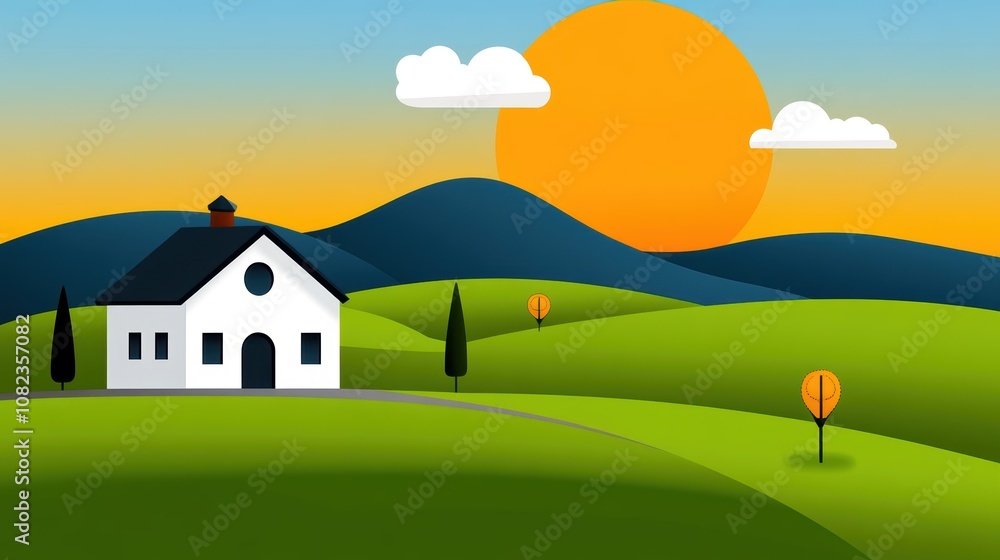 Fototapeta premium Idyllic Sunset Landscape House Hills Trees