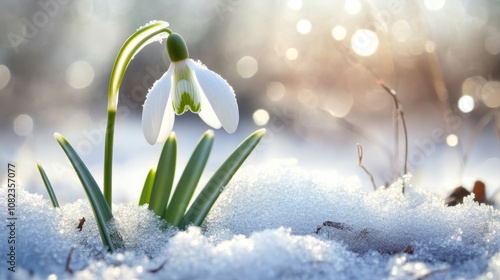 Snowdrop flower emerging from snow in spring sunlight