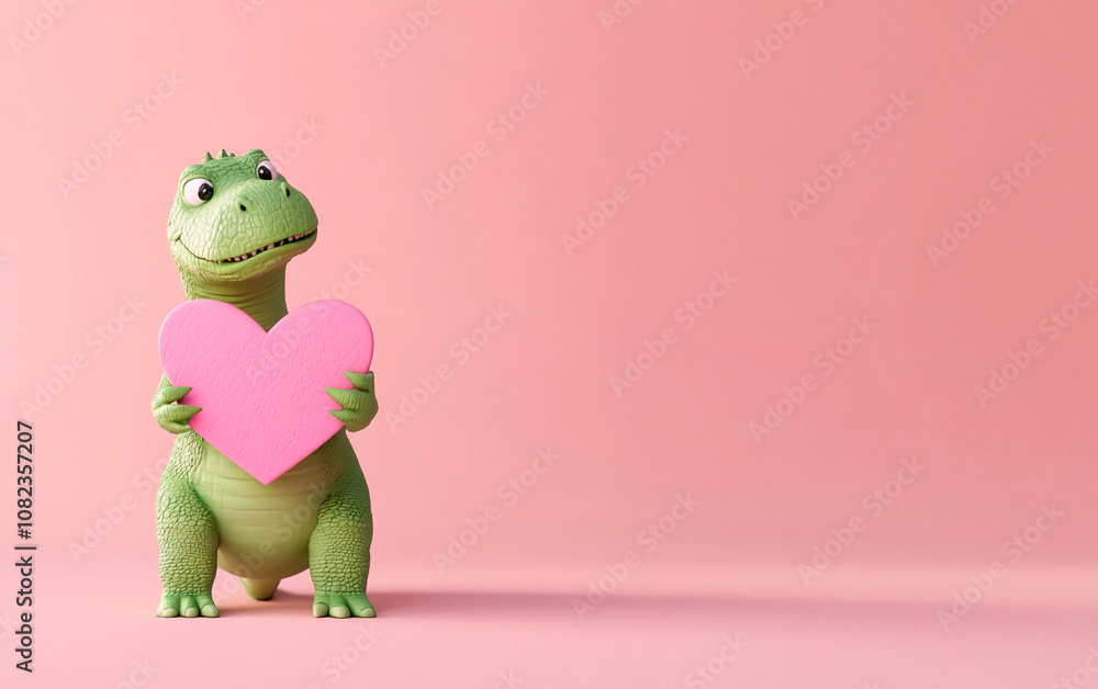 Fototapeta premium A green dinosaur holds a pink heart in its hands against a pink background