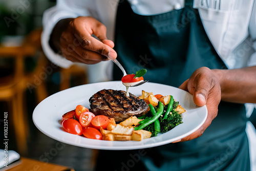 A chef is holding a plate of food with a fork and knife photo