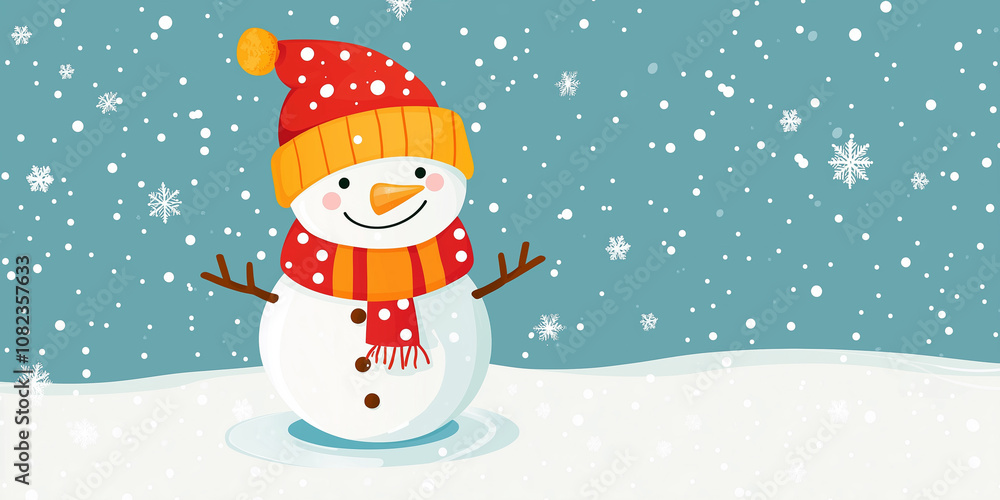 Merry Christmas and Happy New Year greeting card design with a snowman wearing winter hat and yellow red scarf, smiling with arms wide open, pastel blue background with falling snowflakes Merry Christmas and Happy New Year greeting card design with a snowman wearing winter hat and yellow red scarf, smiling with arms wide open, pastel blue background with falling snowflakes