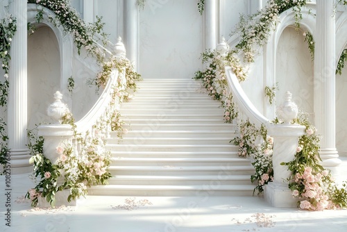 Marble white stairs with flower garlands, fantasy palace or heaven stone stair with floral decorations, fairytale princess castle interior, AI generated image with generative ai