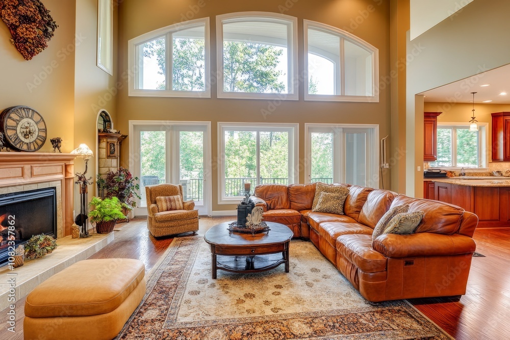 Beautiful living room in a large home with high ceilings, tan leather couches, and a vintage area rug on the floor. Beautiful living room in a large home with high ceilings, tan leather couches, and a vintage area rug on the floor.