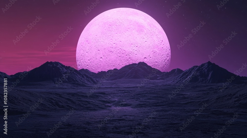 Fototapeta premium SEO relevance concept. A surreal landscape featuring a vast, textured terrain under a large, glowing purple moon surrounded by a vibrant gradient sky.