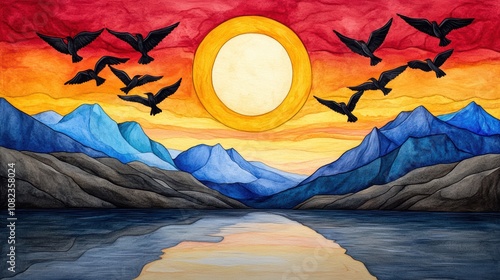 Sunset Mountain Lake Birdscape Artistic Watercolor Painting photo